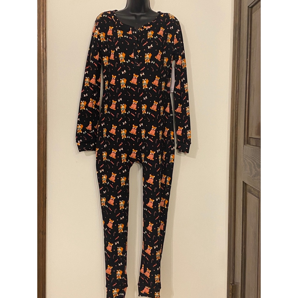 Shosho Women Corgi Holiday Thermal Union Suit Pajamas Black XL Christmas PJ